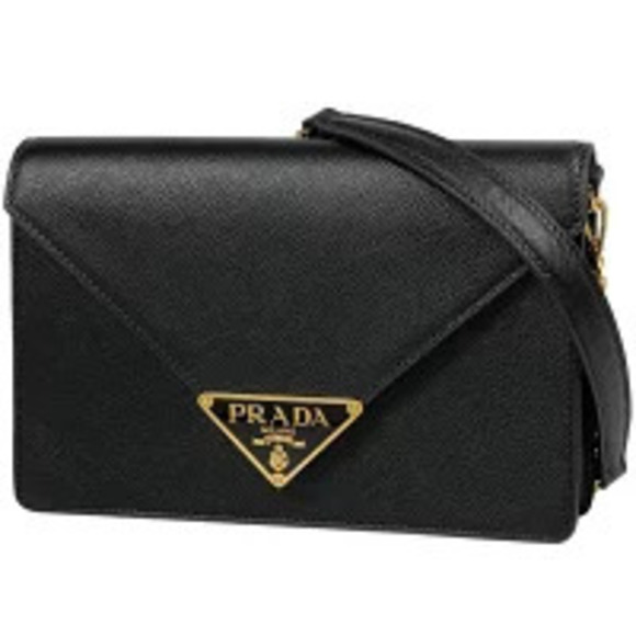 Prada Handbags - Prada Plate Chain Shoulder Bag Clutch Saffiano Leather Nero Black